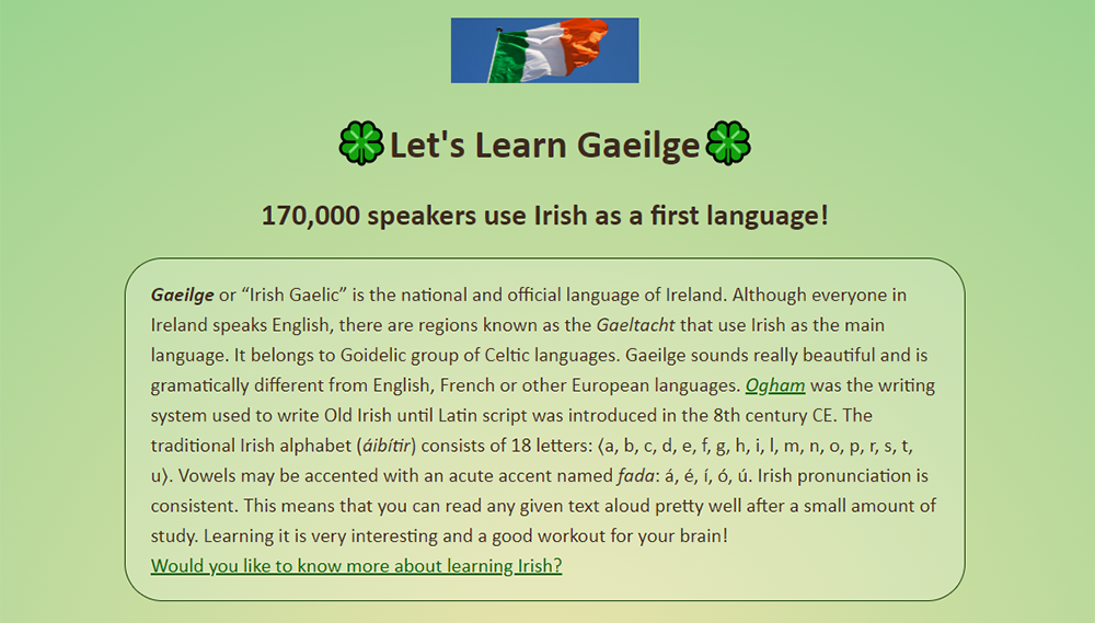page about gaeilge language